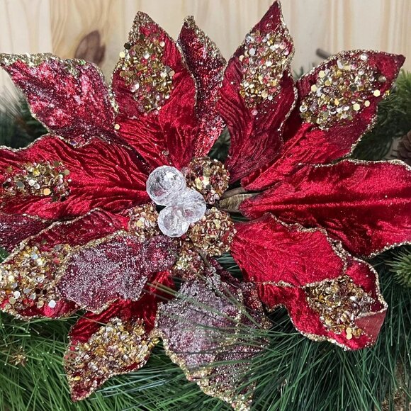 Glitter Edge Jewel Poinsettia Stem Home Christmas Tree Decoration Craft Supplies - Picture 3 of 10
